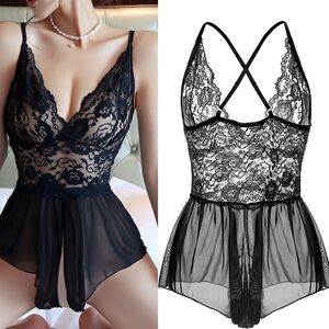 Elegant Black Lace Bodysuit Romper Teddy